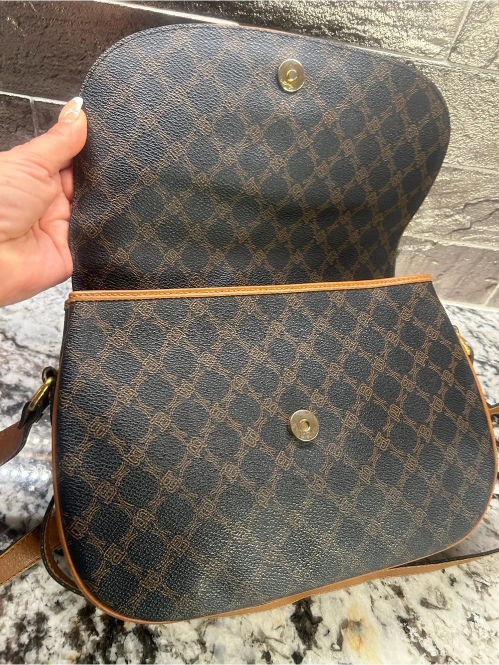 BALLY Brown and Tan leather Monogram Crossbody Bag Flap EUC